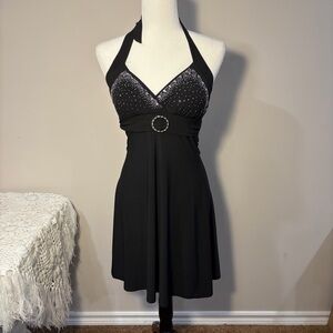 Solar Black Halter Mini Dress with Embellishments